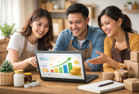 Pemilik UMKM berdiskusi sambil melihat grafik penjualan yang meningkat di laptop dalam ruang kerja kecil