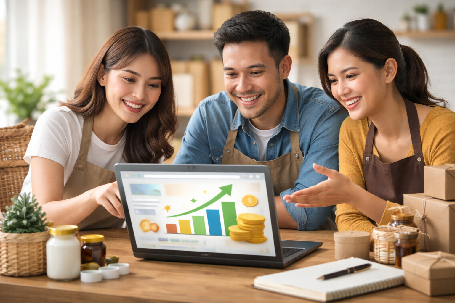 Pemilik UMKM berdiskusi sambil melihat grafik penjualan yang meningkat di laptop dalam ruang kerja kecil