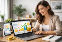 Pelaku bisnis online menganalisis performa iklan PPC melalui laptop di ruang kerja modern