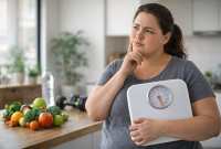 Orang dewasa sedang memikirkan penurunan berat badan sambil memegang timbangan di dapur