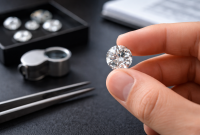 Seorang ahli perhiasan memeriksa berlian dengan teliti menggunakan tangan dan alat pembesar, menampilkan detail kilau dan kejernihan batu.