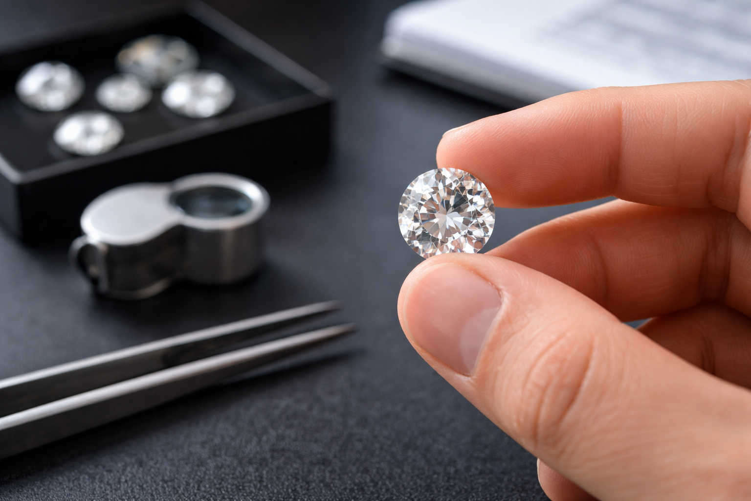 Seorang ahli perhiasan memeriksa berlian dengan teliti menggunakan tangan dan alat pembesar, menampilkan detail kilau dan kejernihan batu.