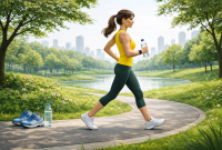 “Seorang wanita berjalan kaki di taman hijau dengan pakaian olahraga, menikmati aktivitas fisik ringan di area terbuka.”