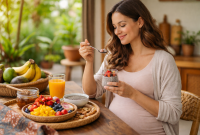 Ibu hamil sedang mengonsumsi chia seeds sebagai makanan sehat untuk kehamilan