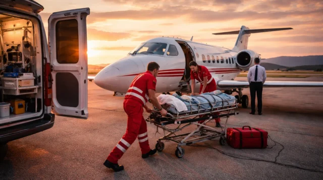 Medical responders load a patient on a stretcher into a small medical evacuation jet on an airport runway, with an ambulance parked nearby at sunset.