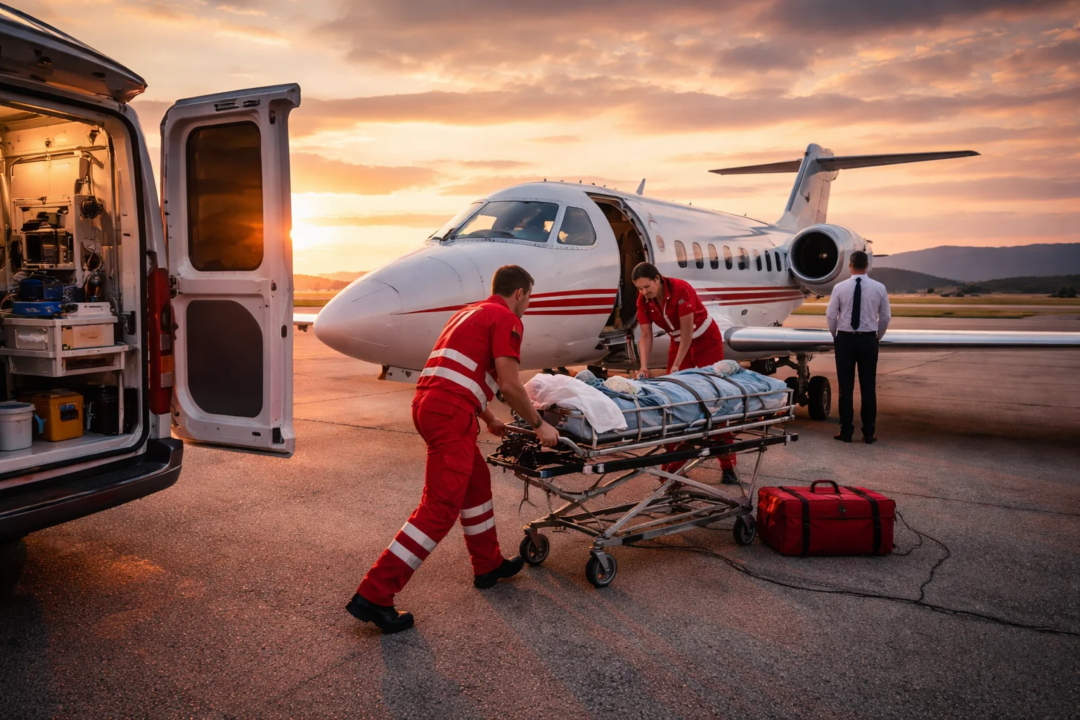 Medical responders load a patient on a stretcher into a small medical evacuation jet on an airport runway, with an ambulance parked nearby at sunset.