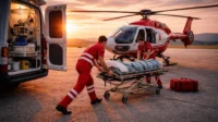 Emergency medical responders transfer a patient on a stretcher toward a medical evacuation helicopter at sunset, with an ambulance and medical equipment nearby.