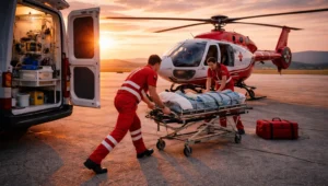 Emergency medical responders transfer a patient on a stretcher toward a medical evacuation helicopter at sunset, with an ambulance and medical equipment nearby.