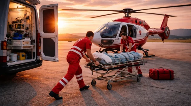 Emergency medical responders transfer a patient on a stretcher toward a medical evacuation helicopter at sunset, with an ambulance and medical equipment nearby.