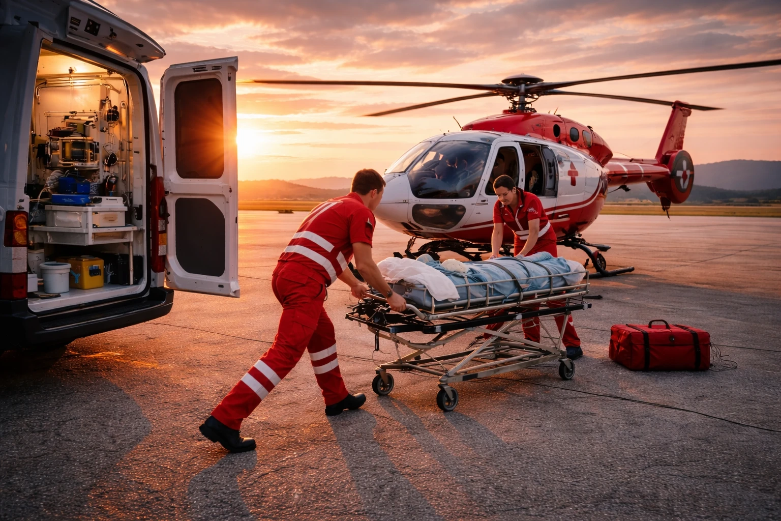 Emergency medical responders transfer a patient on a stretcher toward a medical evacuation helicopter at sunset, with an ambulance and medical equipment nearby.