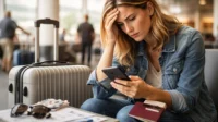 A stressed female traveler sits in an airport terminal checking her phone, with a suitcase, passport, and travel documents beside her after a flight disruption.