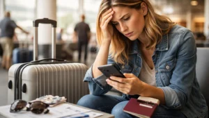 A stressed female traveler sits in an airport terminal checking her phone, with a suitcase, passport, and travel documents beside her after a flight disruption.