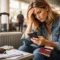 A stressed female traveler sits in an airport terminal checking her phone, with a suitcase, passport, and travel documents beside her after a flight disruption.