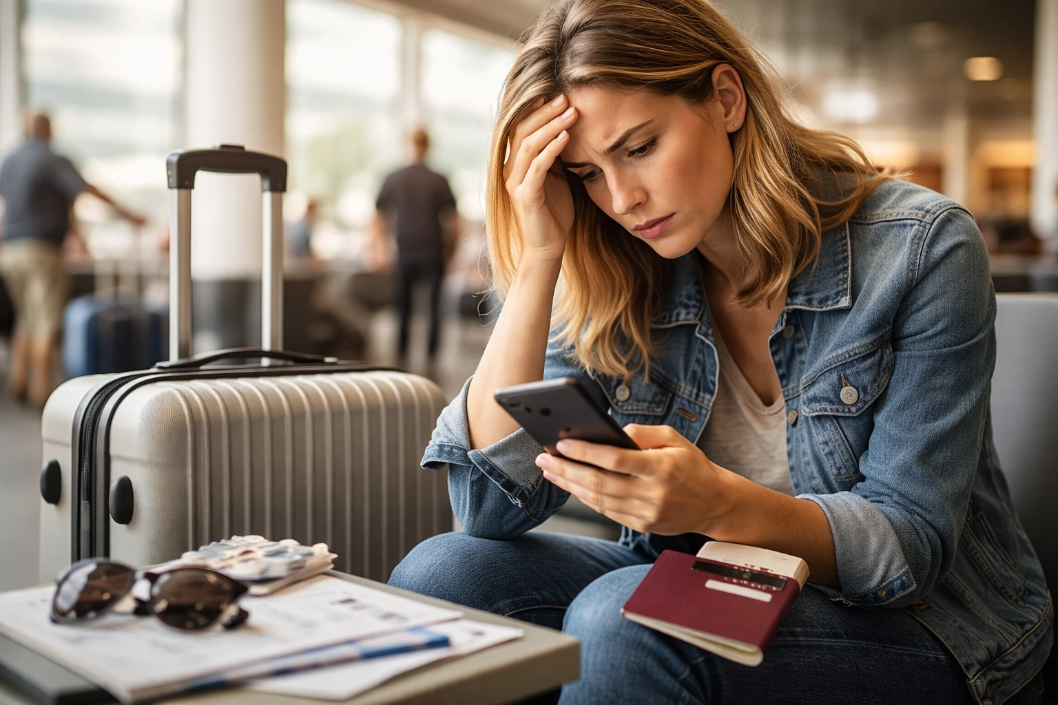 A stressed female traveler sits in an airport terminal checking her phone, with a suitcase, passport, and travel documents beside her after a flight disruption.