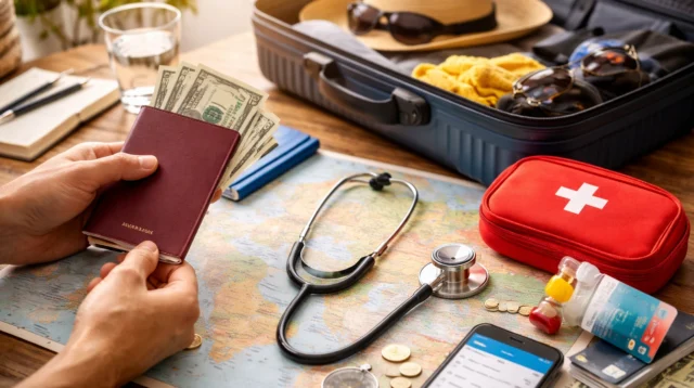 Traveler packing essentials in an open suitcase with passport, sunglasses, smartphone, and summer clothes on a bright bed before a trip