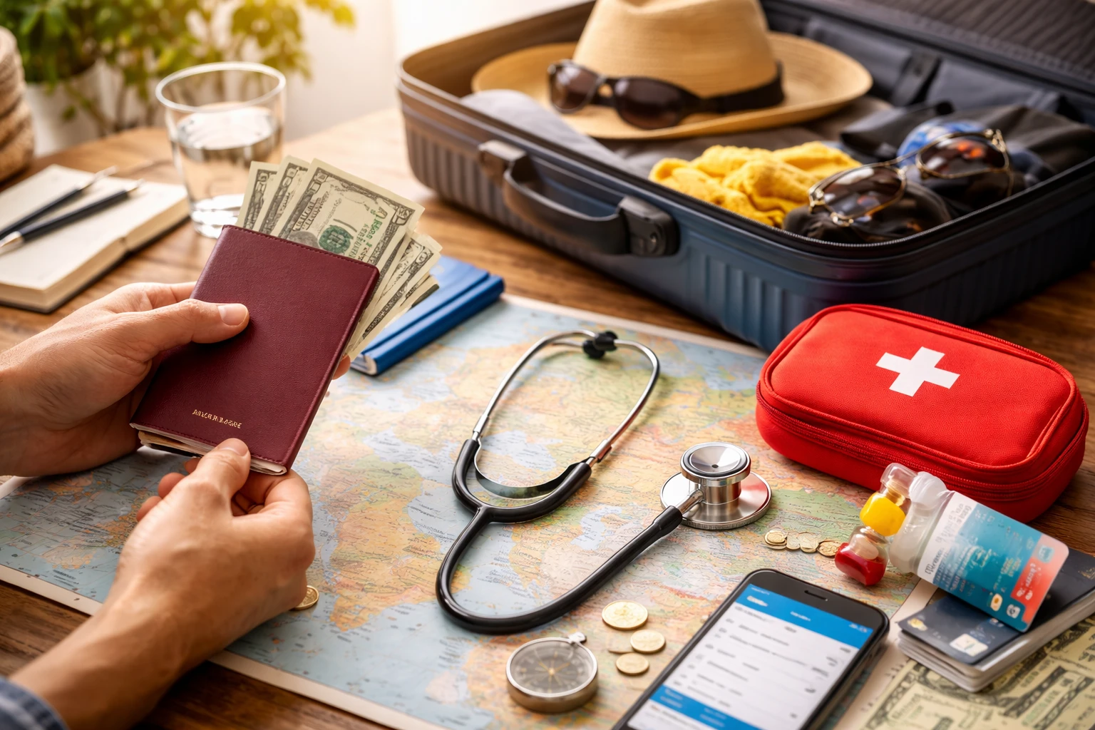 Traveler packing essentials in an open suitcase with passport, sunglasses, smartphone, and summer clothes on a bright bed before a trip