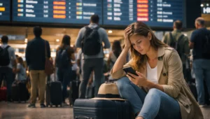 traveler sitting at airport during flight delay checking phone with luggage beside her and departure board in background