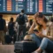 traveler sitting at airport during flight delay checking phone with luggage beside her and departure board in background