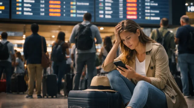 traveler sitting at airport during flight delay checking phone with luggage beside her and departure board in background