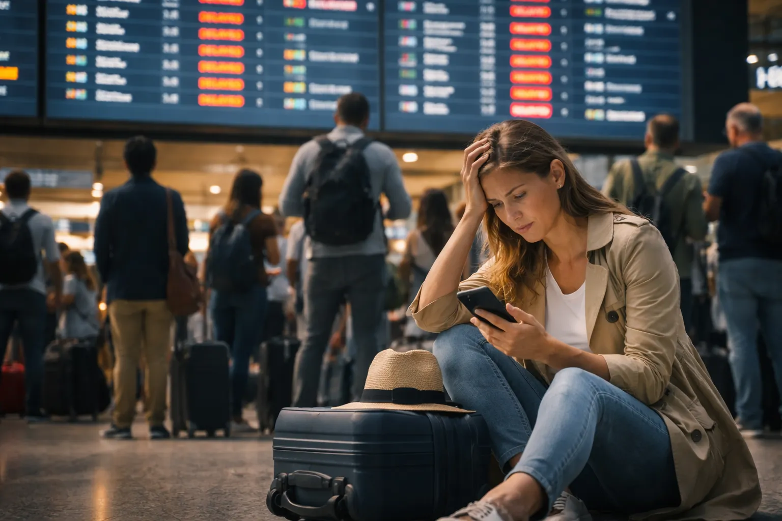traveler sitting at airport during flight delay checking phone with luggage beside her and departure board in background