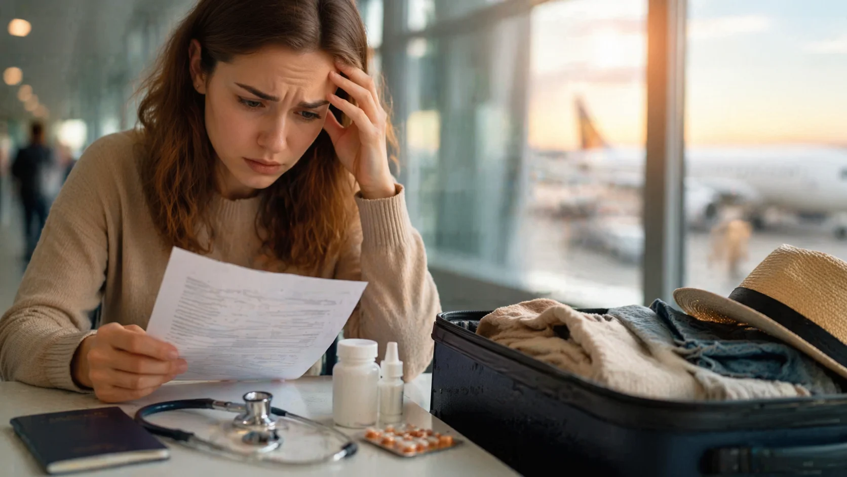 U.S. traveler reviewing documents about pre-existing conditions travel insurance US at airport before international trip