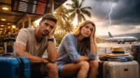 Stranded travelers at airport during storm highlighting risks travel insurance doesn’t cover