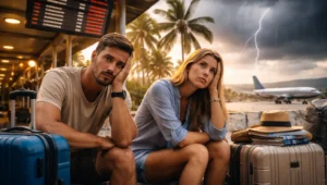 Stranded travelers at airport during storm highlighting risks travel insurance doesn’t cover