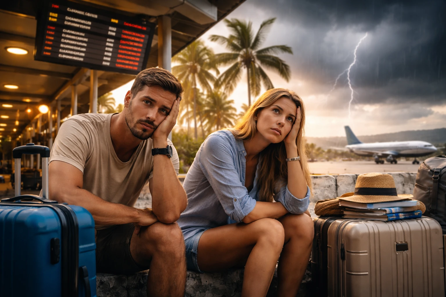 Stranded travelers at airport during storm highlighting risks travel insurance doesn’t cover