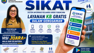 Poster promosi aplikasi SIKAT milik DPPKB Kabupaten Bolaang Mongondow dengan tampilan smartphone layanan KB gratis digital serta foto Julin Papuling sebagai Kepala DPPKB Bolmong.