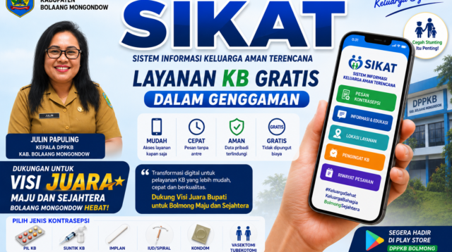 Poster promosi aplikasi SIKAT milik DPPKB Kabupaten Bolaang Mongondow dengan tampilan smartphone layanan KB gratis digital serta foto Julin Papuling sebagai Kepala DPPKB Bolmong.