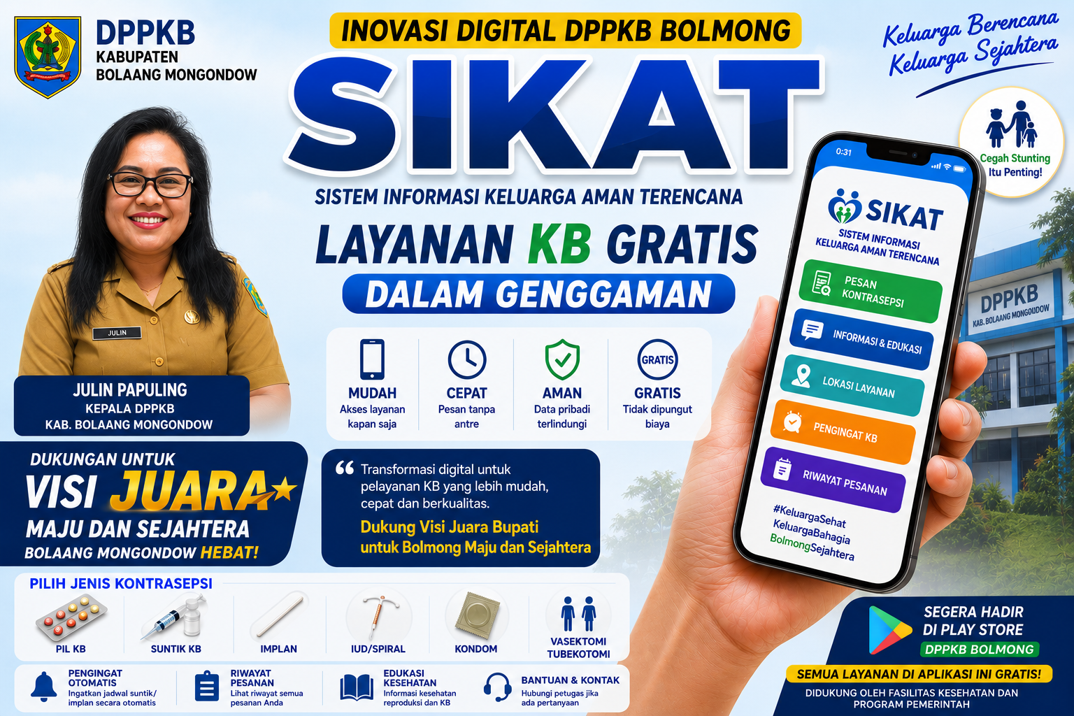 Poster promosi aplikasi SIKAT milik DPPKB Kabupaten Bolaang Mongondow dengan tampilan smartphone layanan KB gratis digital serta foto Julin Papuling sebagai Kepala DPPKB Bolmong.