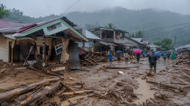 Kondisi banjir bandang di Desa Solimandungan II Kabupaten Bolaang Mongondow dengan rumah warga rusak, jalan dipenuhi lumpur, dan material kayu berserakan saat hujan masih turun.