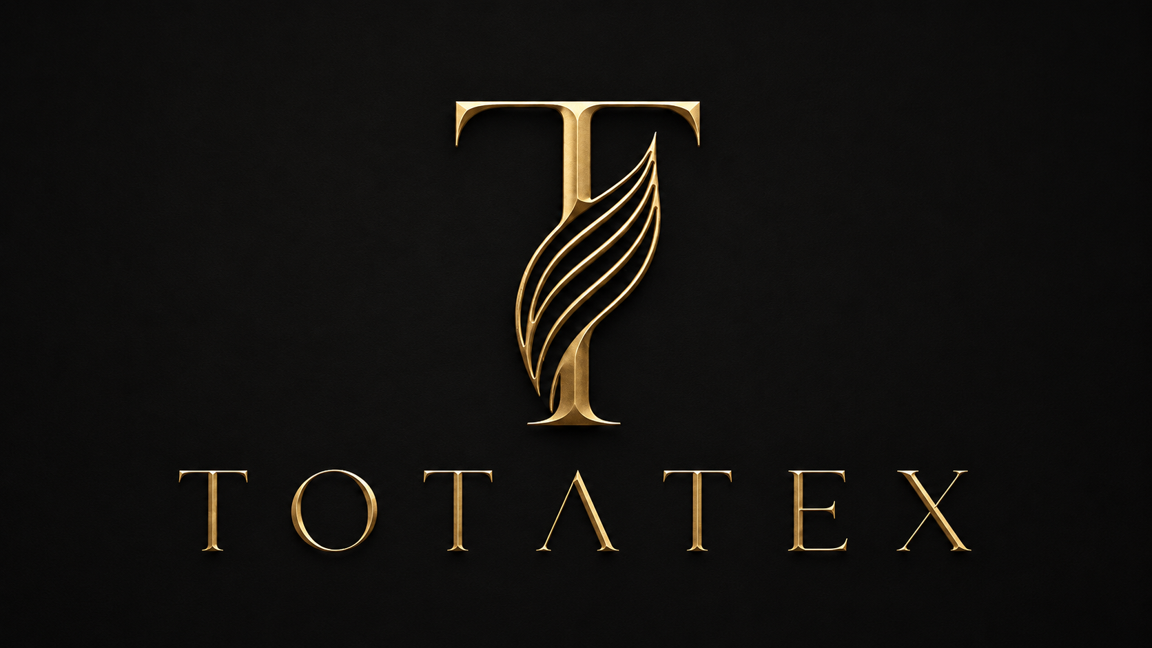 Logo Totatex berwarna emas berlatar hitam dengan simbol huruf T bergaya serat alami sebagai identitas bio fabric berbahan dasar serat nanas.