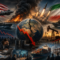 Ilustrasi konflik Amerika Serikat dan Iran yang berdampak pada ekonomi global, menampilkan bendera kedua negara, kapal perang, pesawat tempur, rudal, kilang minyak, kapal kontainer, grafik ekonomi, serta simbol kenaikan harga minyak dan gangguan perdagangan internasional.