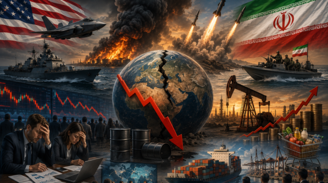 Ilustrasi konflik Amerika Serikat dan Iran yang berdampak pada ekonomi global, menampilkan bendera kedua negara, kapal perang, pesawat tempur, rudal, kilang minyak, kapal kontainer, grafik ekonomi, serta simbol kenaikan harga minyak dan gangguan perdagangan internasional.