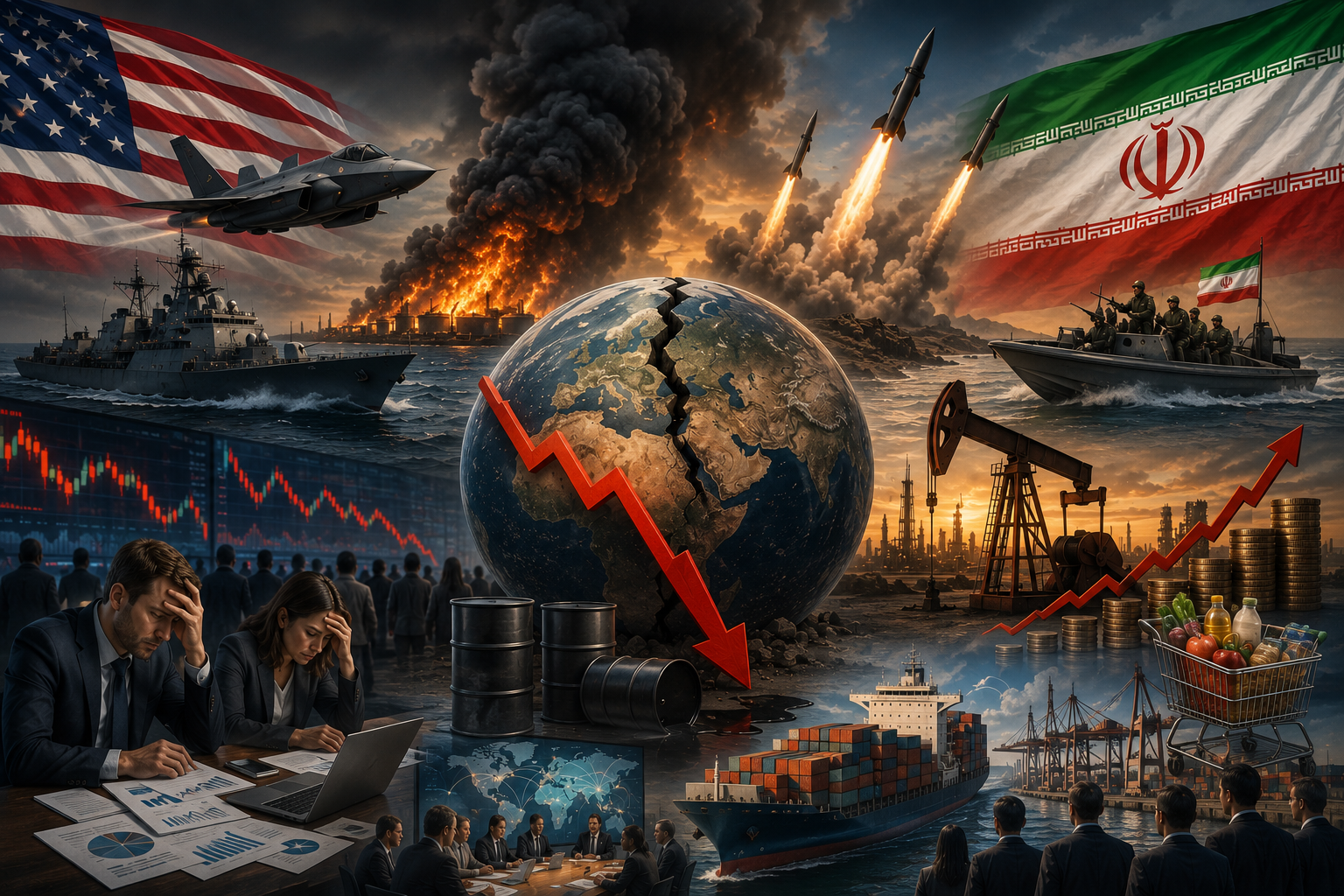 Ilustrasi konflik Amerika Serikat dan Iran yang berdampak pada ekonomi global, menampilkan bendera kedua negara, kapal perang, pesawat tempur, rudal, kilang minyak, kapal kontainer, grafik ekonomi, serta simbol kenaikan harga minyak dan gangguan perdagangan internasional.