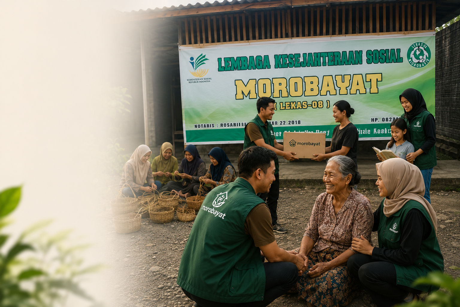 Relawan Lembaga Kesejahteraan Sosial Morobayat melakukan pemberdayaan masyarakat dan pendampingan sosial di depan kantor Morobayat.