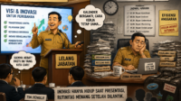 Ilustrasi satir yang menggambarkan perbedaan semangat inovasi pejabat saat lelang jabatan dengan rutinitas birokrasi setelah menjabat, termasuk rapat, perjalanan dinas, dan minimnya terobosan pelayanan publik.