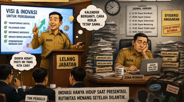 Ilustrasi satir yang menggambarkan perbedaan semangat inovasi pejabat saat lelang jabatan dengan rutinitas birokrasi setelah menjabat, termasuk rapat, perjalanan dinas, dan minimnya terobosan pelayanan publik.