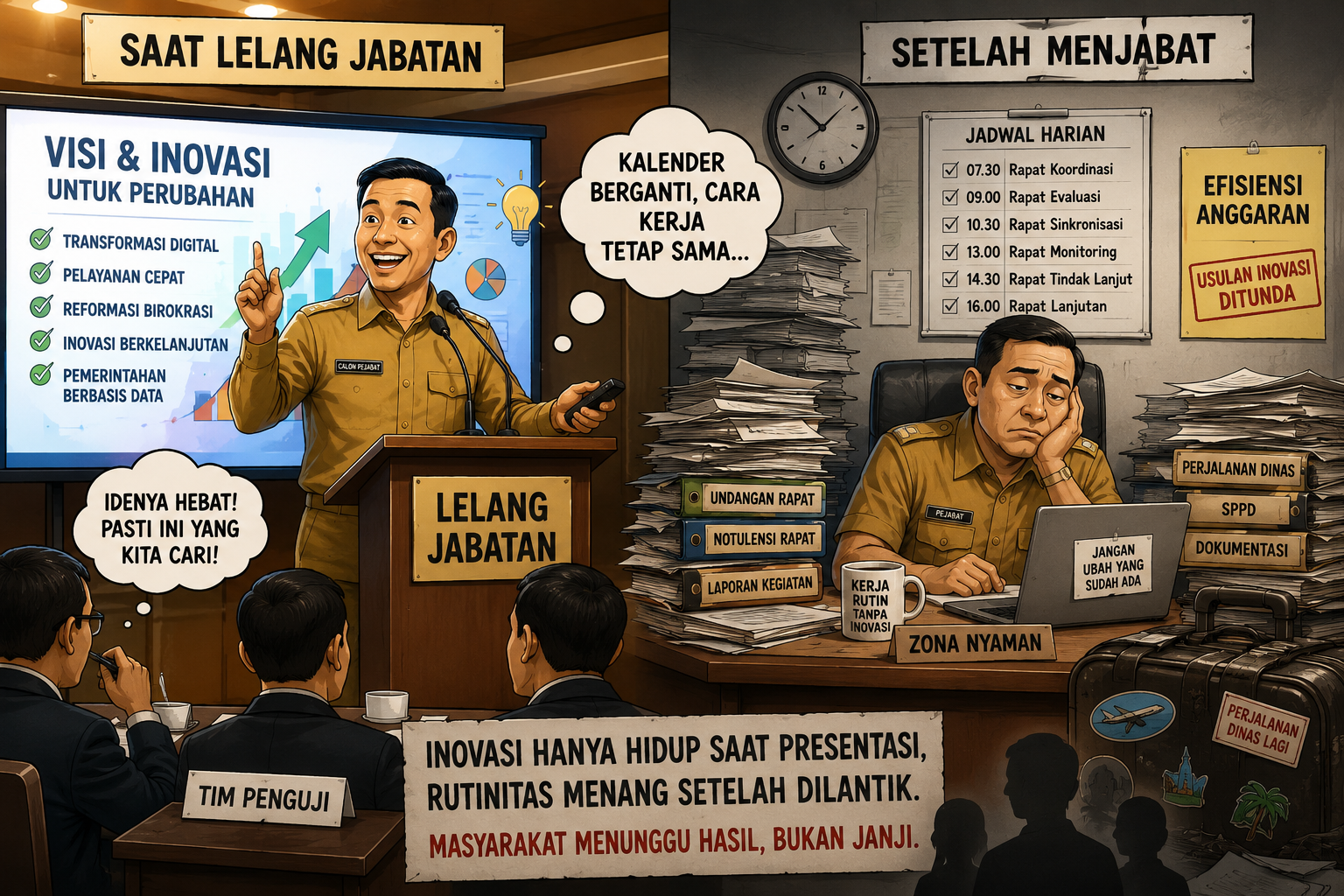Ilustrasi satir yang menggambarkan perbedaan semangat inovasi pejabat saat lelang jabatan dengan rutinitas birokrasi setelah menjabat, termasuk rapat, perjalanan dinas, dan minimnya terobosan pelayanan publik.
