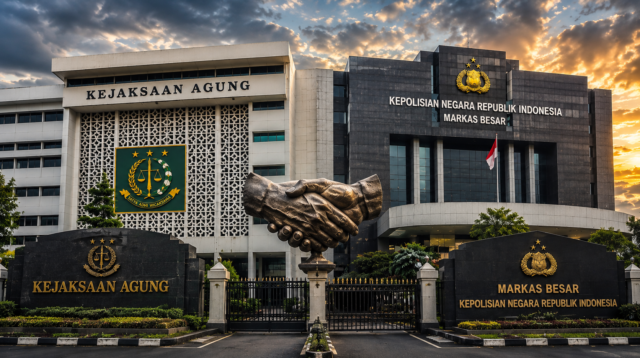 Ilustrasi gedung Kejaksaan Agung dan Mabes Polri sebagai simbol opini publik tentang penegakan hukum di Indonesia.