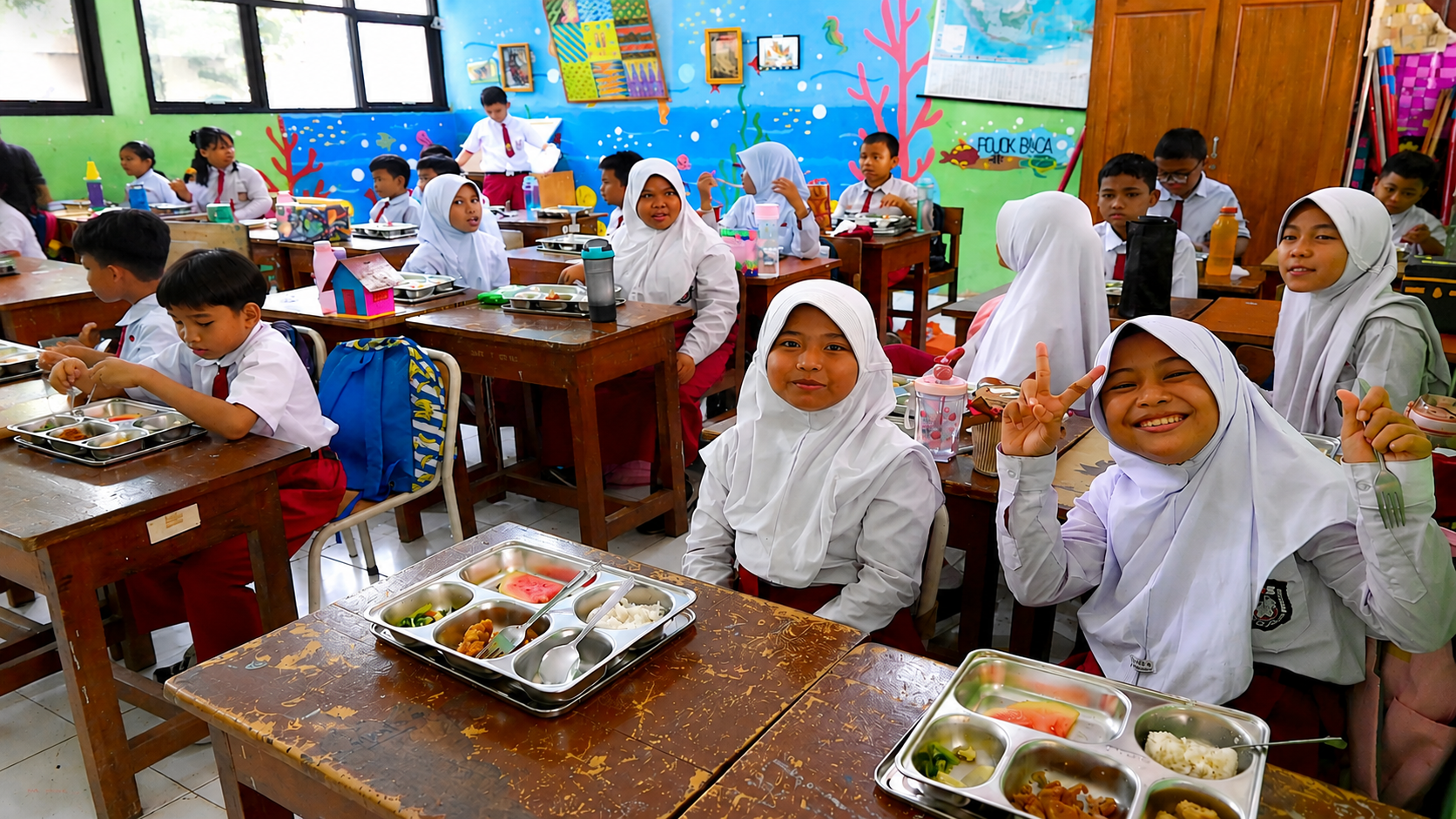 Siswa menikmati program Makan Bergizi Gratis di sekolah sebagai bagian dari upaya peningkatan gizi anak.